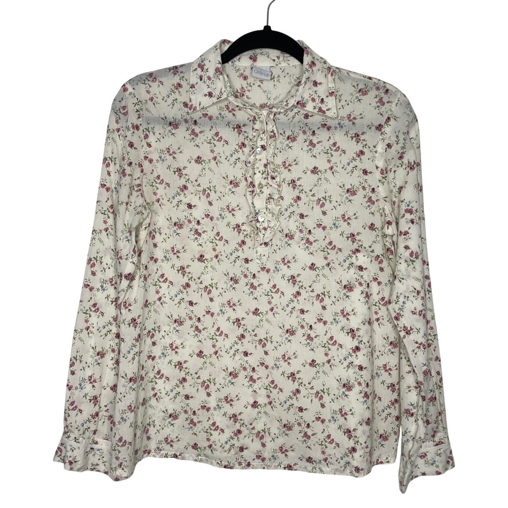Open Up Floral‎ Ruffle Blouse Womens M Cream Pink Rose Cottagecore Shabby Chic